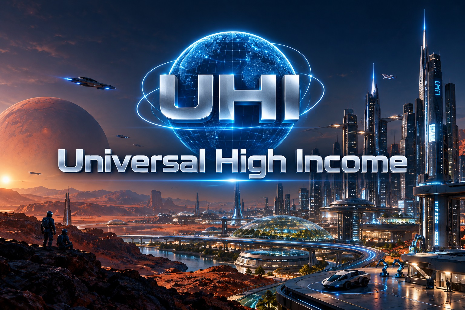 SUPERBULL and metallic UHI beside a glowing wireframe globe, over a future riverside city at sunrise