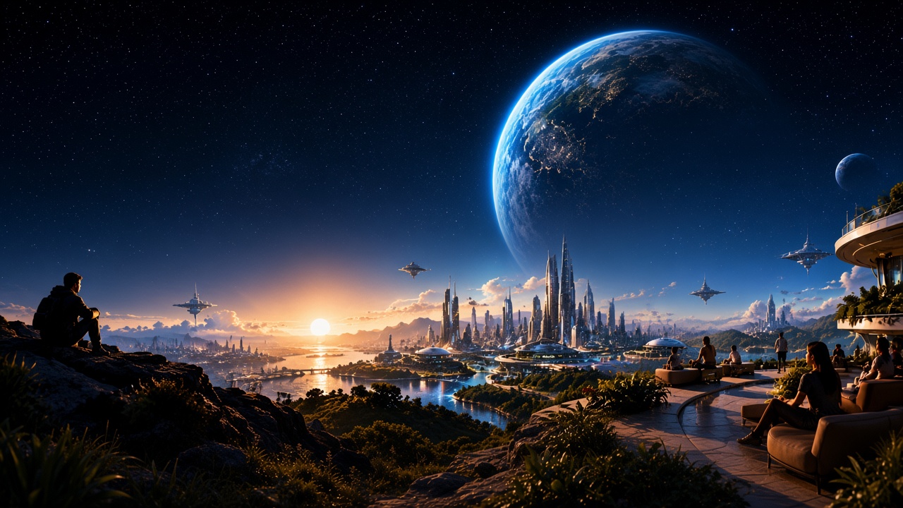 People overlooking a luminous future city, river, and a large Earth in the night sky