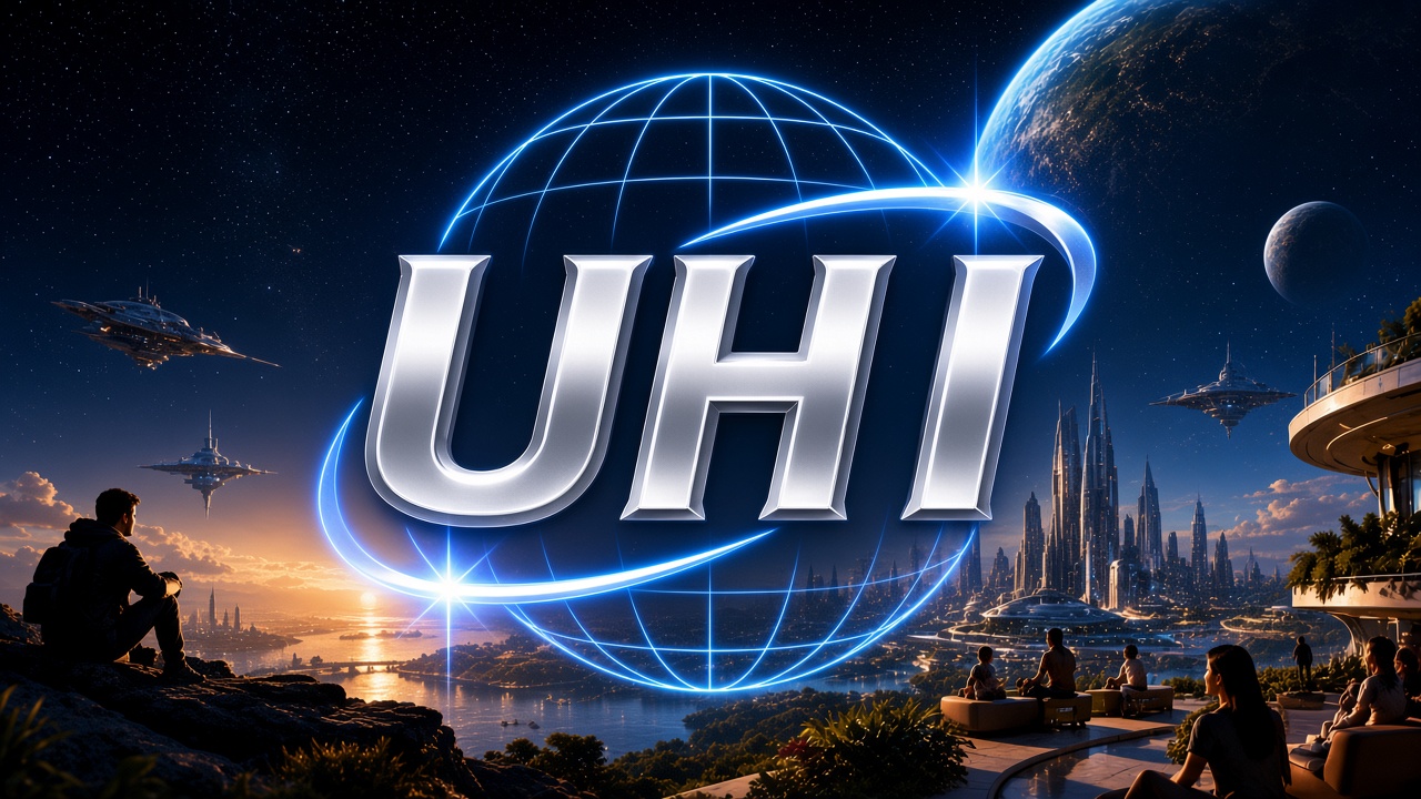 Metallic UHI letters in front of a glowing blue wireframe globe above a future city