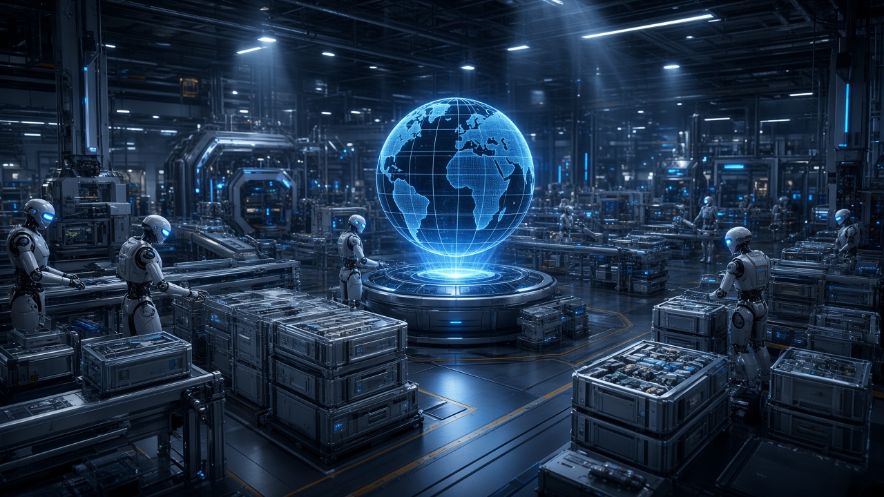 Humanoid robots in a dark factory around a glowing blue wireframe Earth